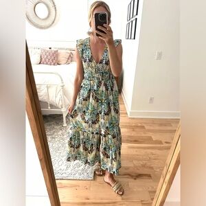 Anthropologie Peregrine Floral Midi Dress - Blue and Green